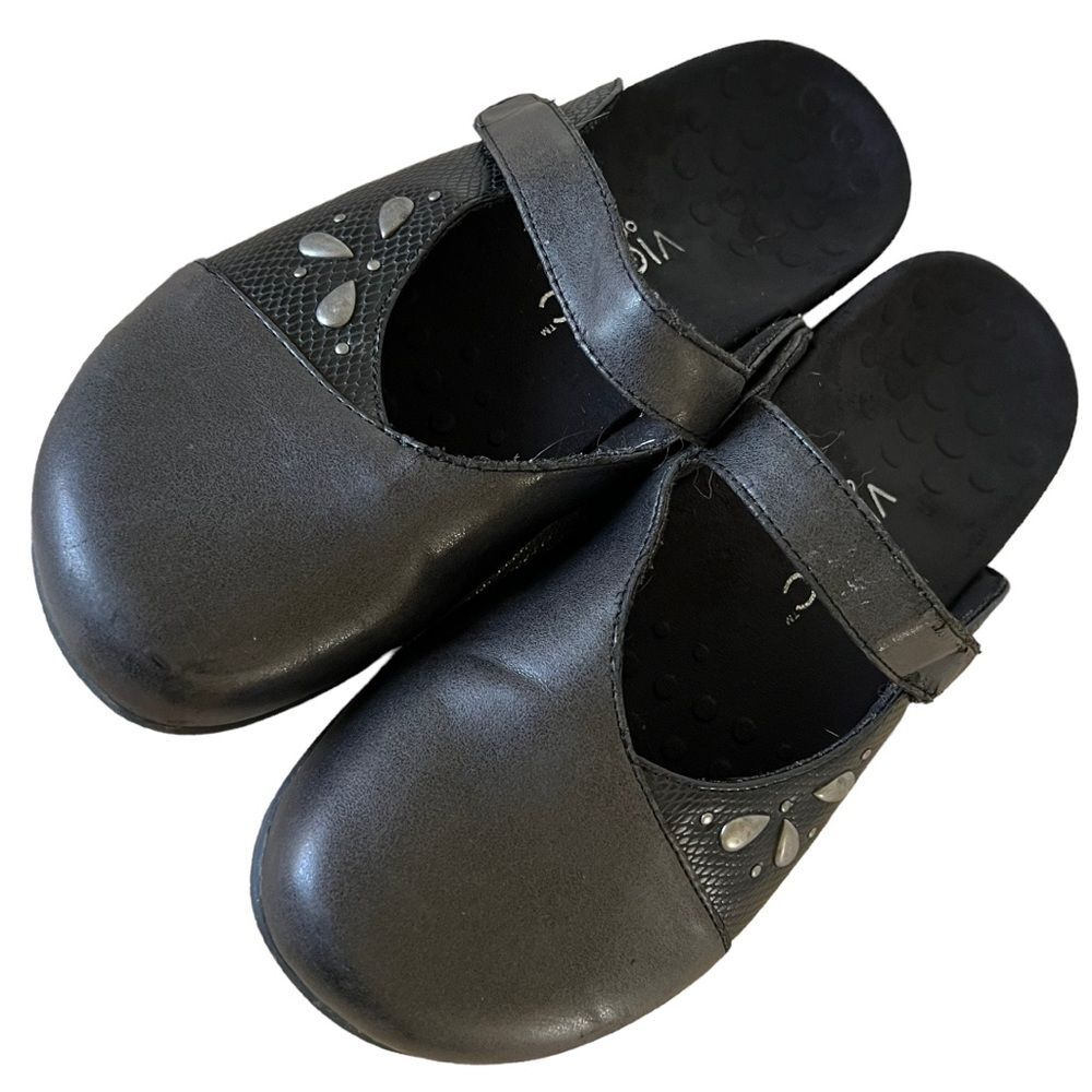 Vionic Mary Jane Style Slip on Slide Black Leather Comfort Footbed Size 9